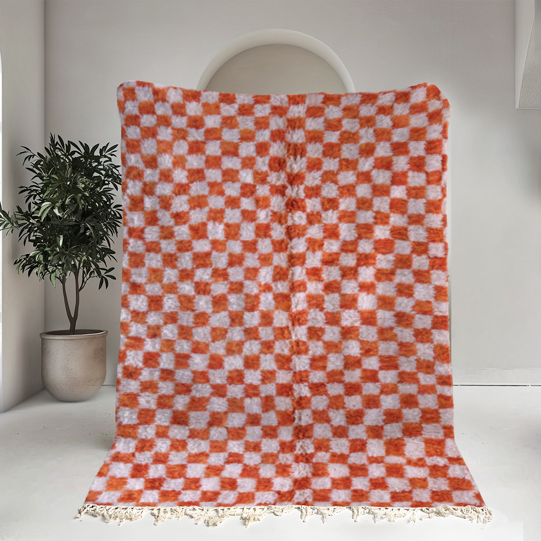 Moroccan custom rug from Beni Ourain, Wool and Thread, Orange