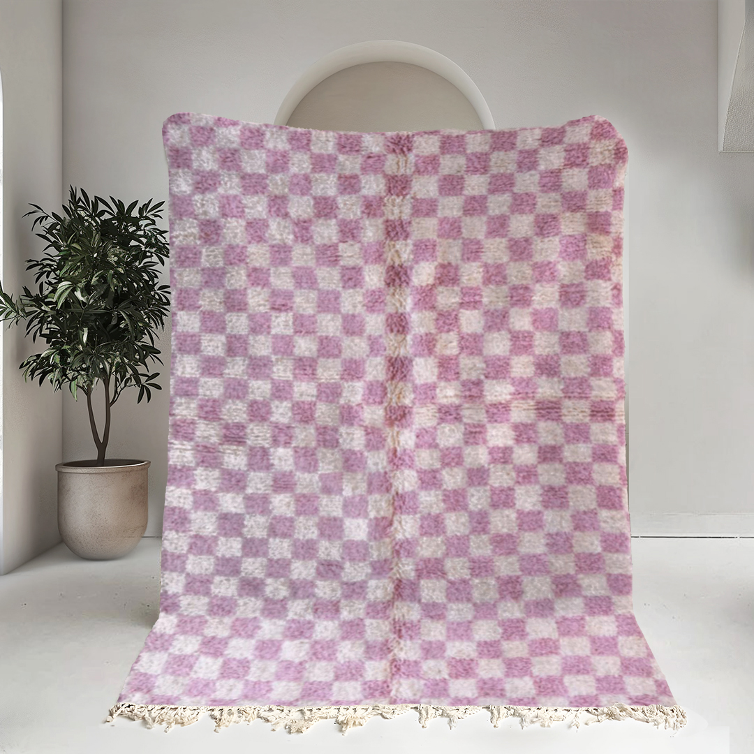 Moroccan custom rug from Beni Ourain, Wool and Thread, Pink