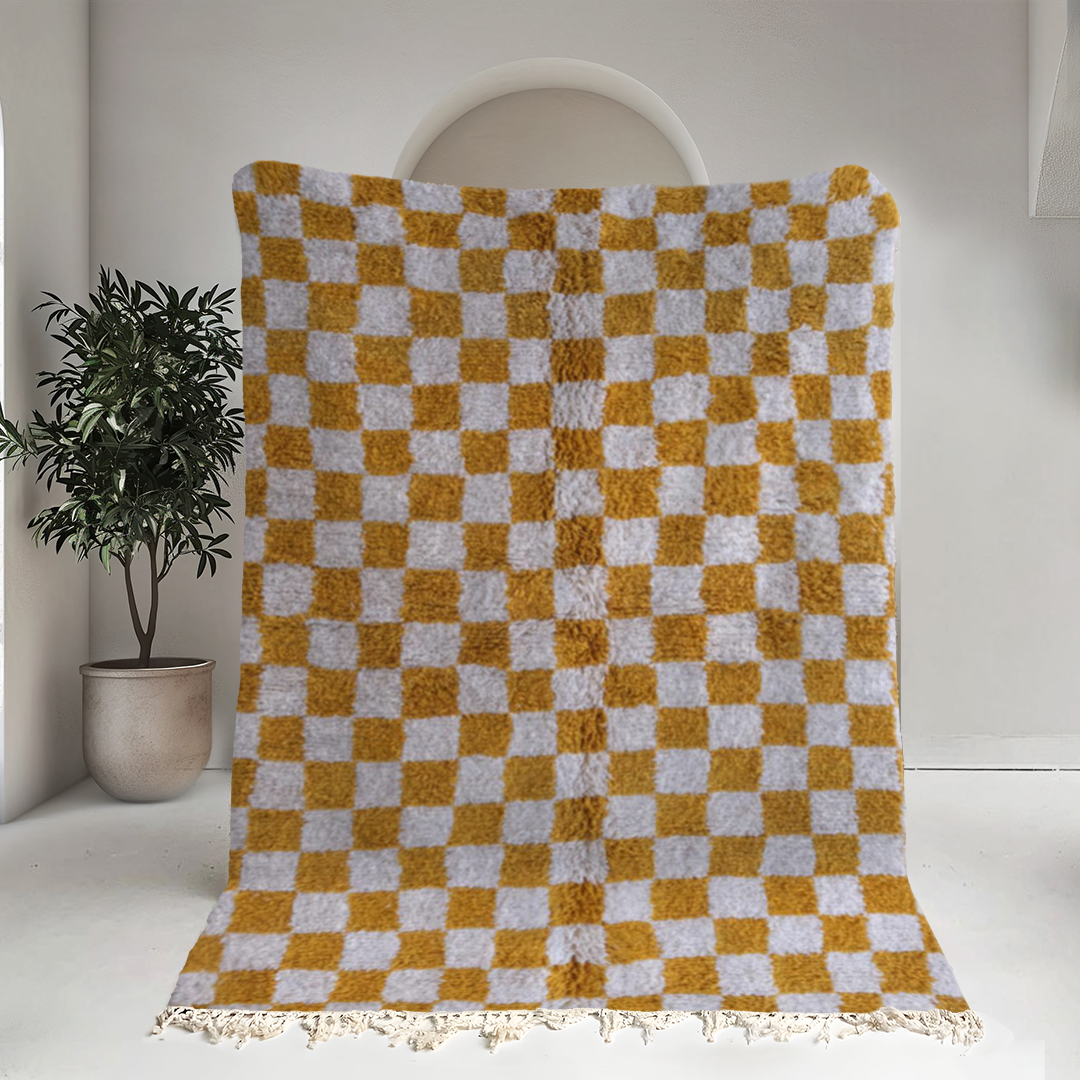 Moroccan custom rug from Beni Ourain, Wool and Thread, Yellow