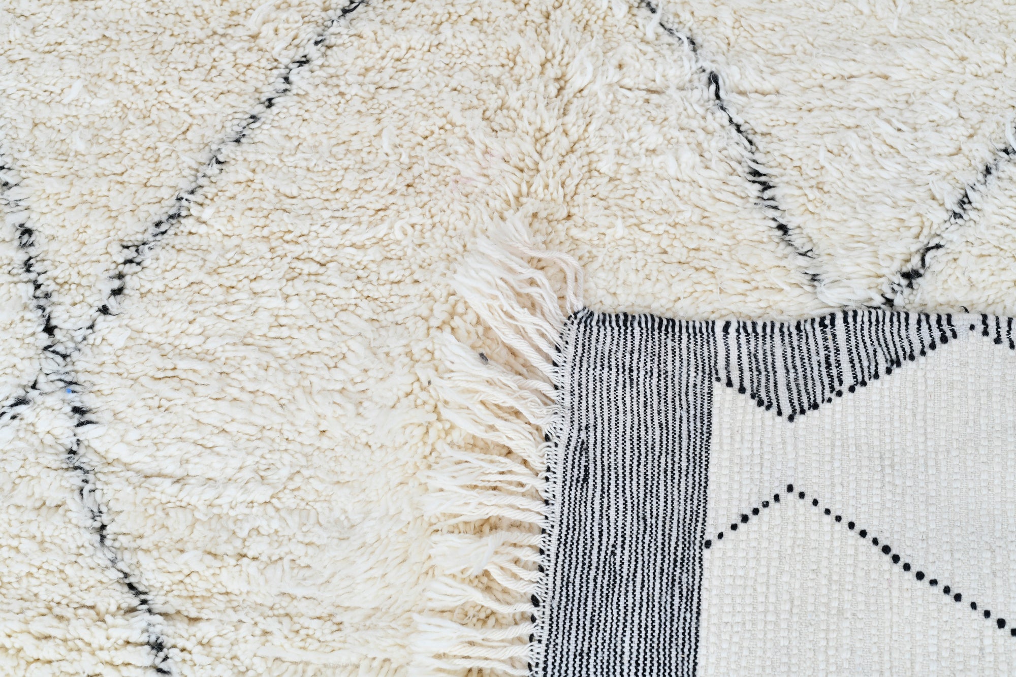 Moroccan custom rug from Beni Ourain, Wool and Thread, black and white