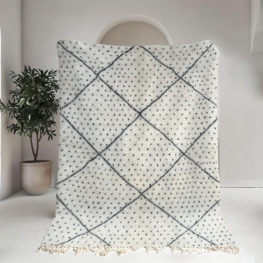 Moroccan custom rug from Beni Ourain, Wool and Thread, black and white