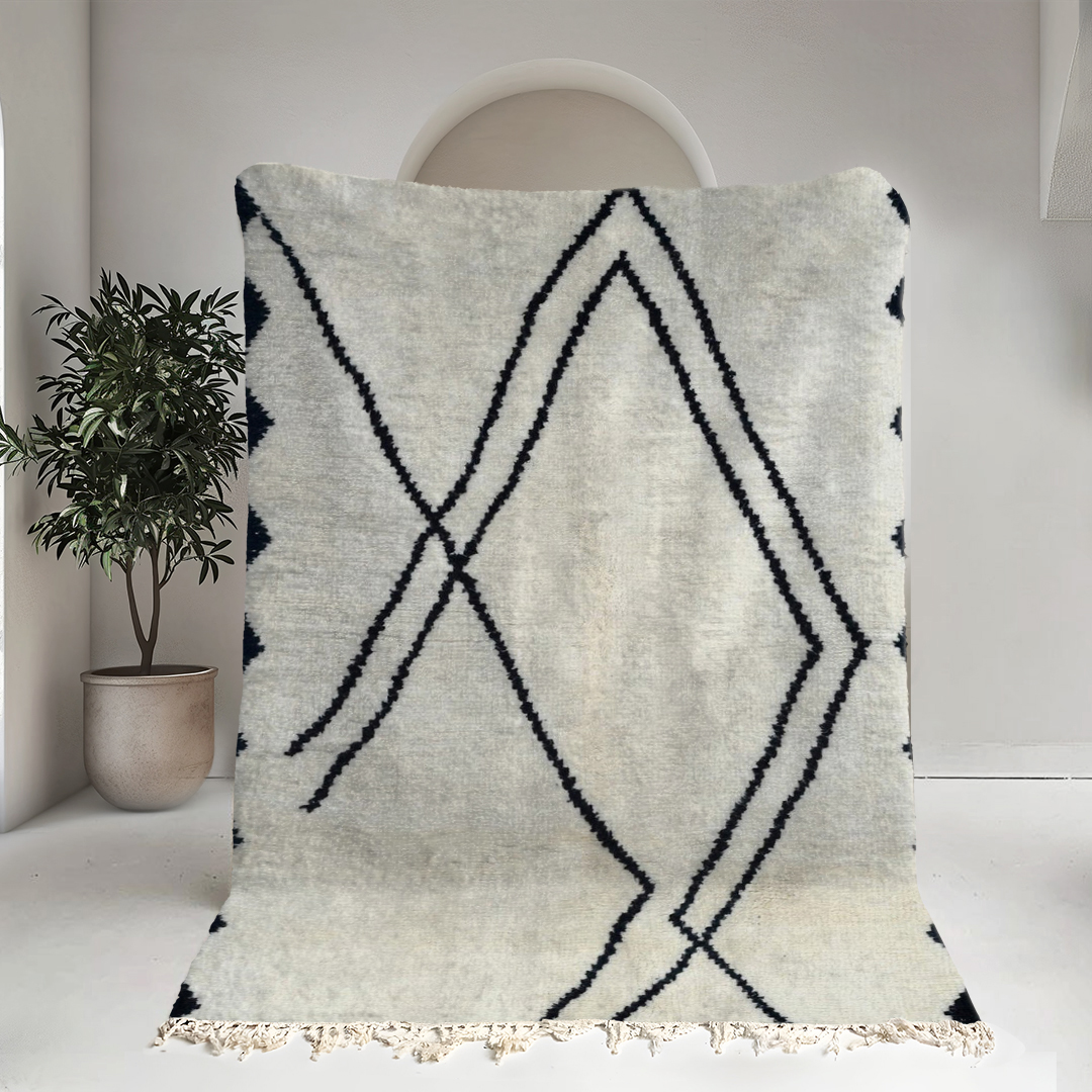 Moroccan custom rug from Beni Ourain, Wool and Thread, black and white