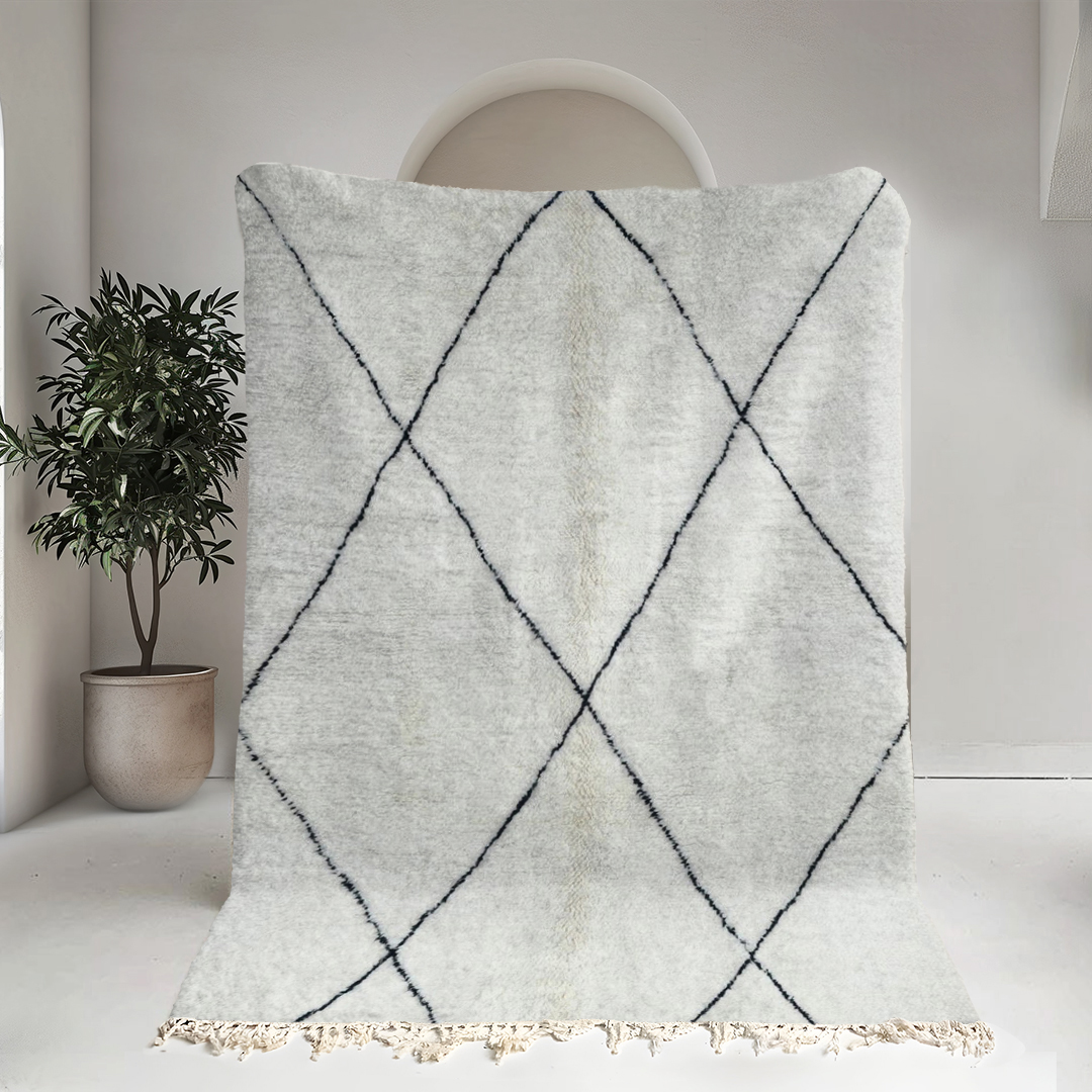 Moroccan custom rug from Beni Ourain, Wool and Thread, black and white