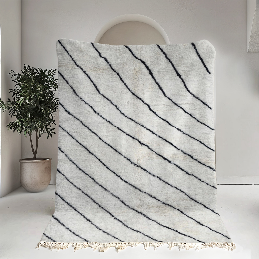 Moroccan custom rug from Beni Ourain, Wool and Thread, black and white