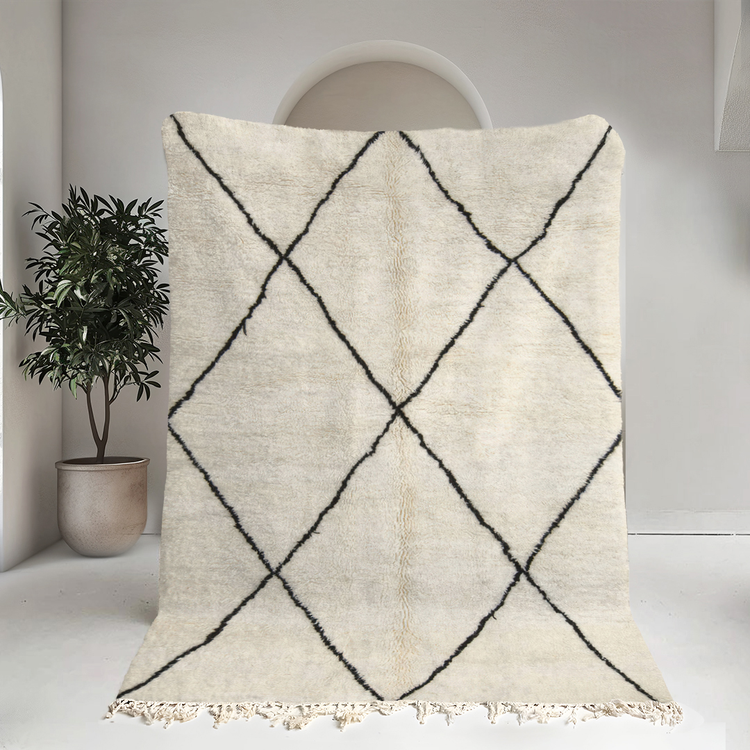 Moroccan custom rug from Beni Ourain, Wool and Thread, White