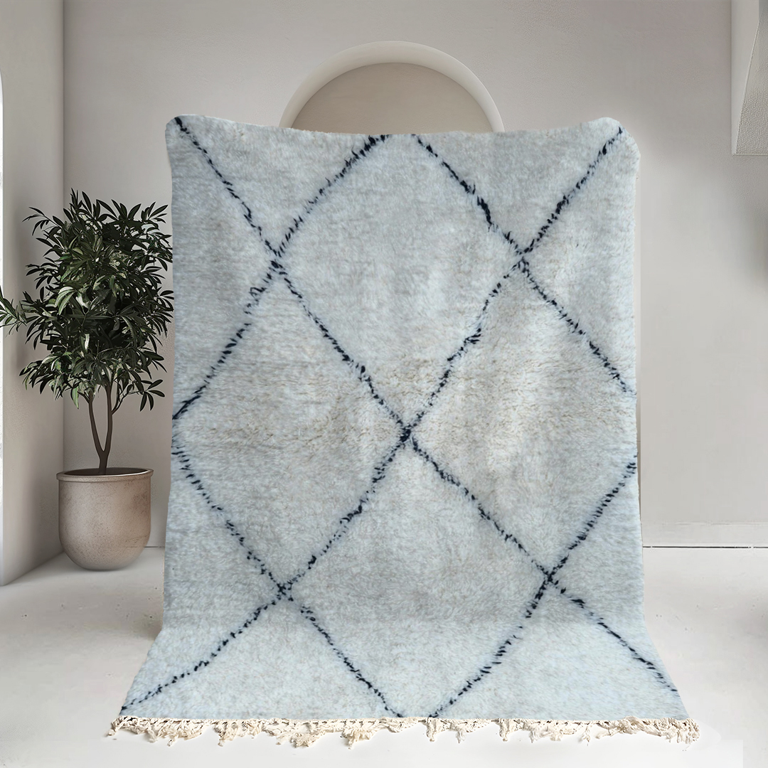 Moroccan custom rug from Beni Ourain, Wool and Thread, White