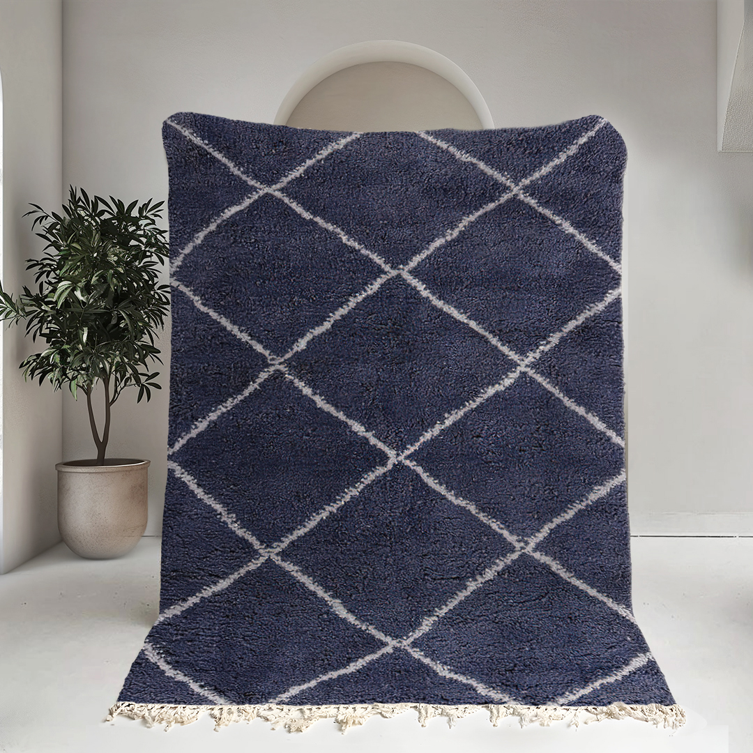 Moroccan custom rug from Beni Ourain, Wool and Thread, Blue