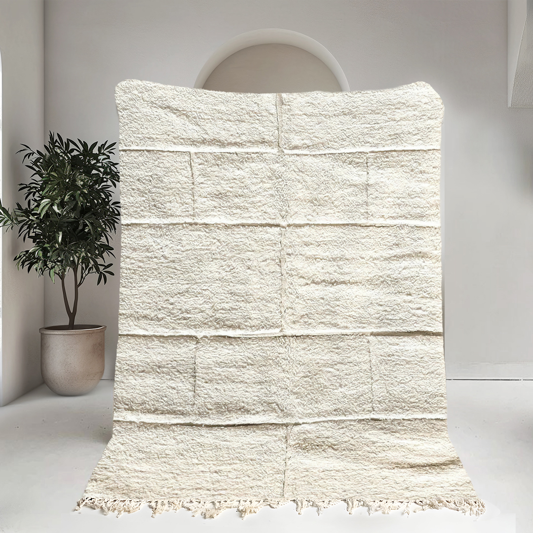 Moroccan custom rug from Beni Ourain, Wool and Thread, White