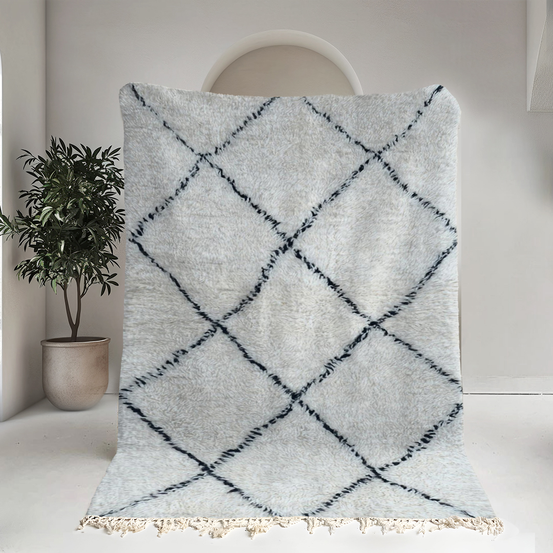 Moroccan custom rug from Beni Ourain, Wool and Thread, White