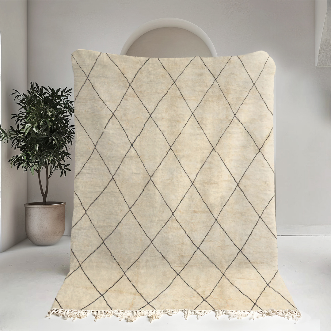 Moroccan custom rug from Beni Ourain, Wool and Thread, White