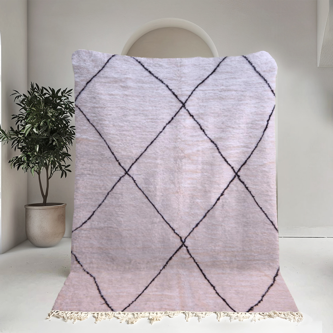 Moroccan custom rug from Beni Ourain, Wool and Thread, black and white