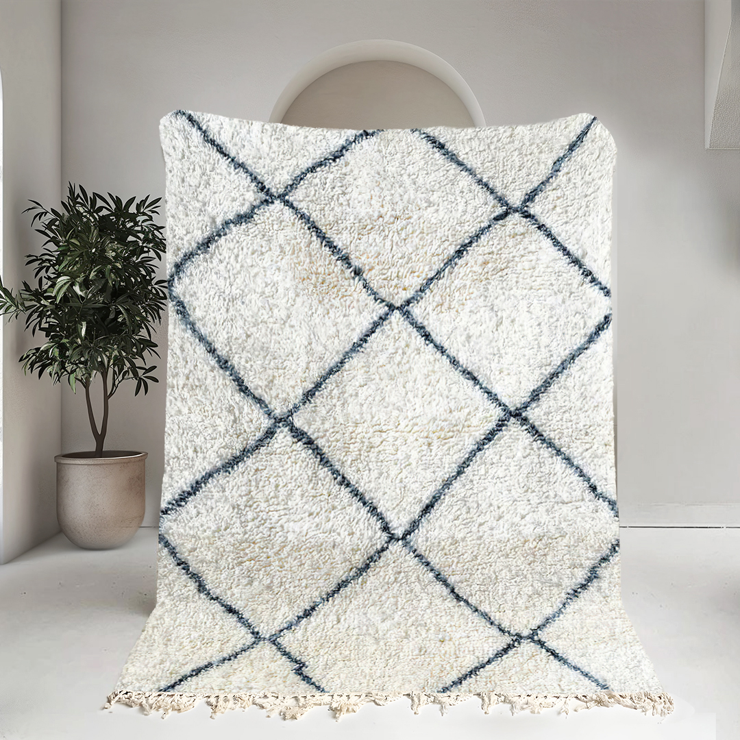 Moroccan custom rug from Beni Ourain, Wool and Thread, White