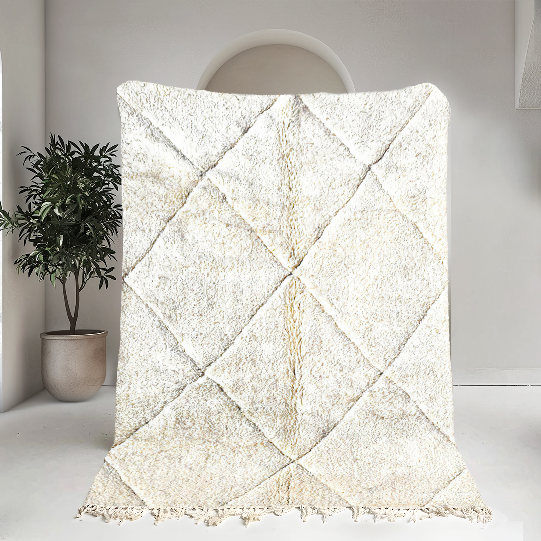 Moroccan custom rug from Beni Ourain, Wool and Thread, White