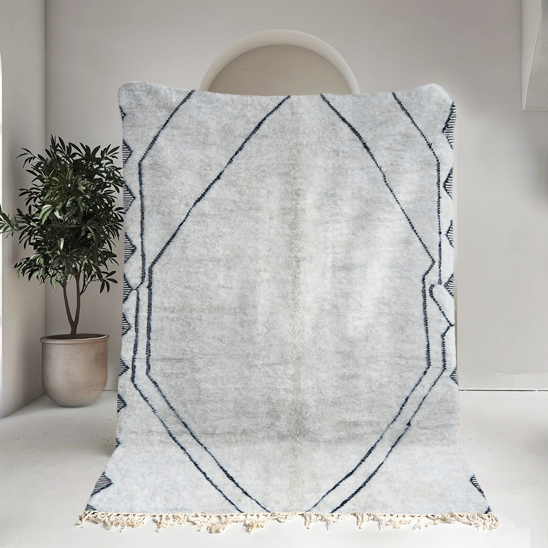 Moroccan custom rug from Beni Ourain, Wool and Thread, black and white