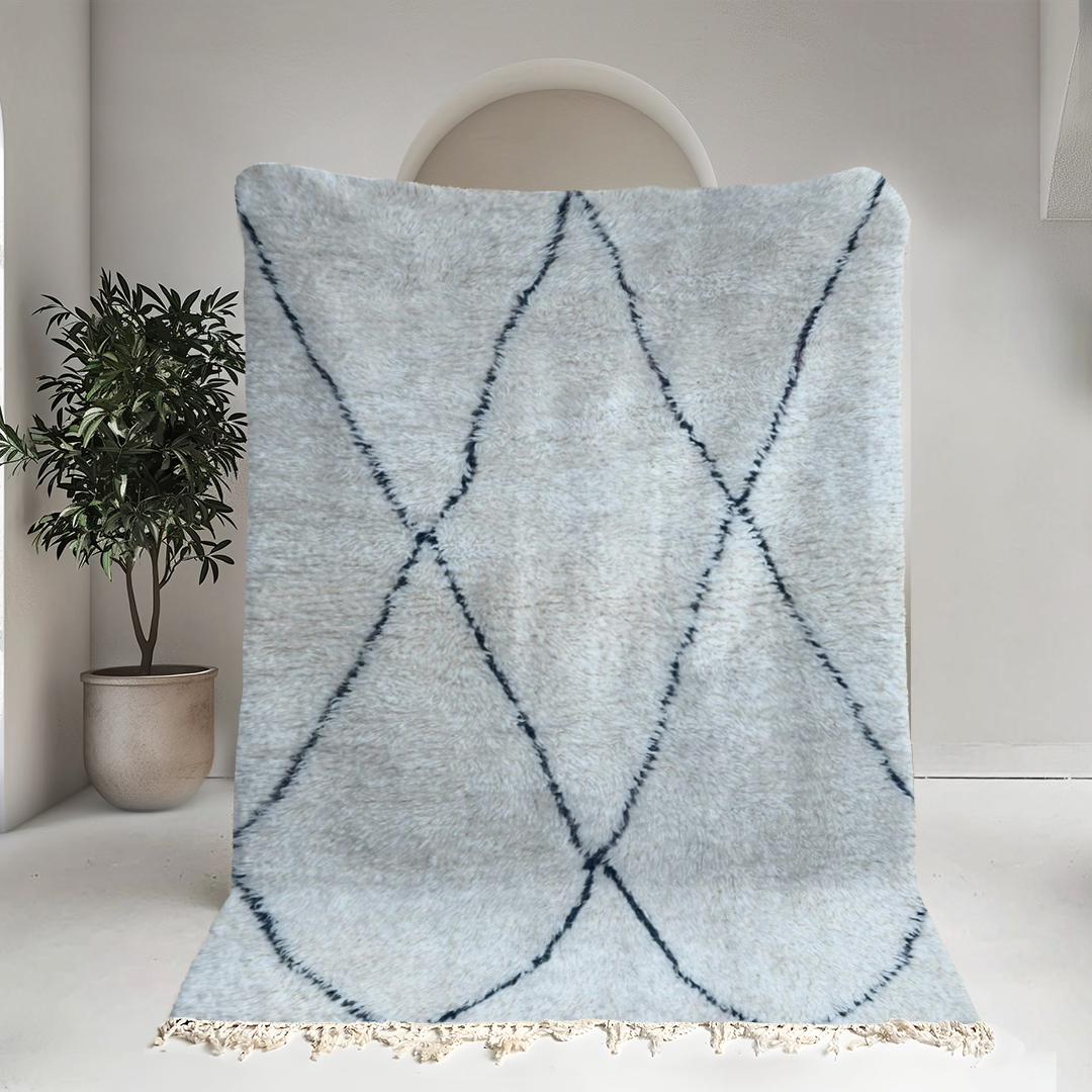 Moroccan custom rug from Beni Ourain, Wool and Thread, White