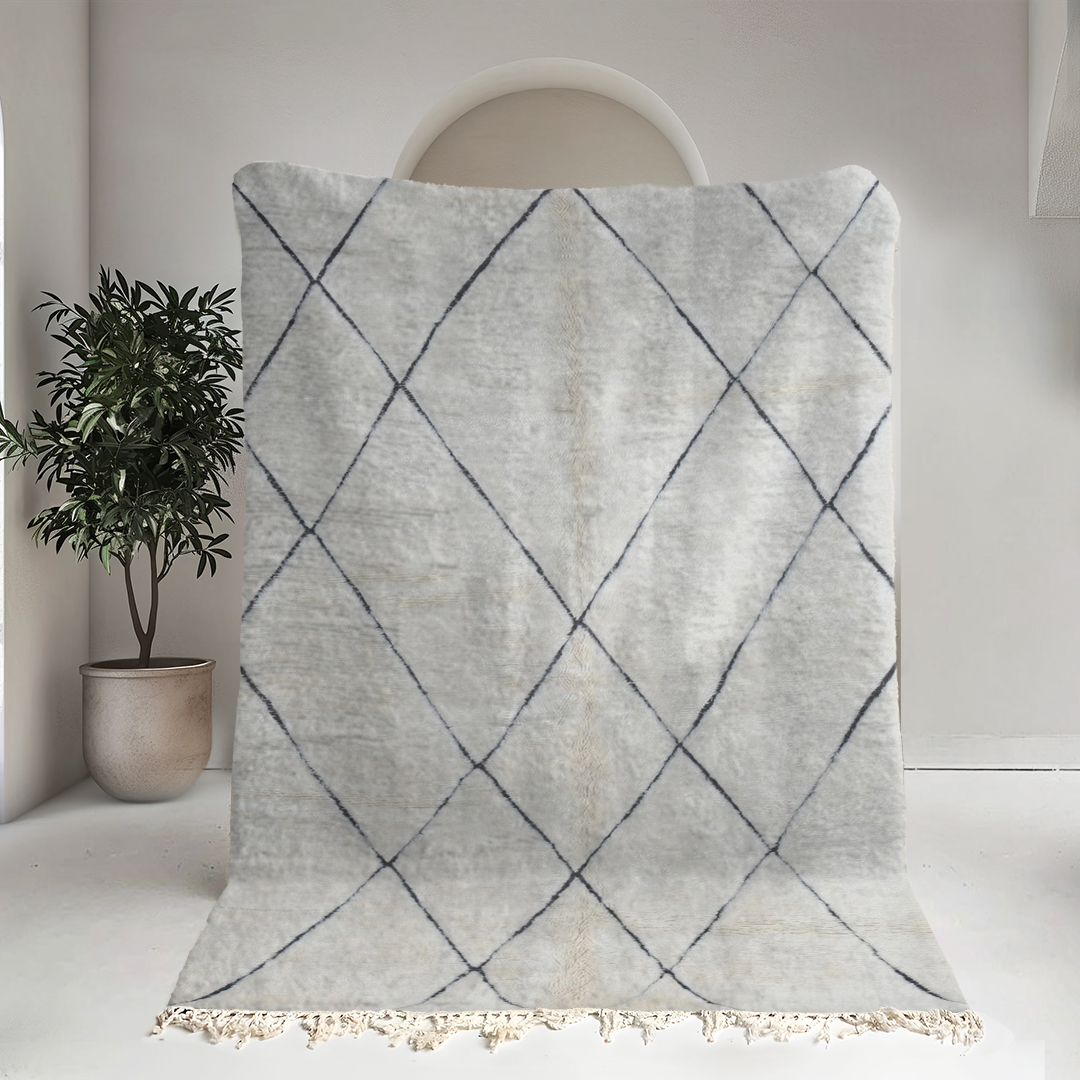 Moroccan custom rug from Beni Ourain, Wool and Thread, black and white