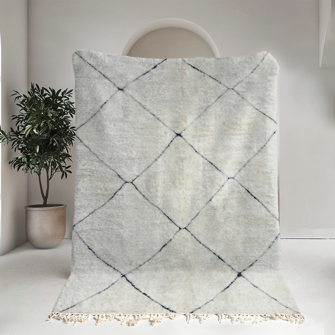 Moroccan custom rug from Beni Ourain, Wool and Thread, White
