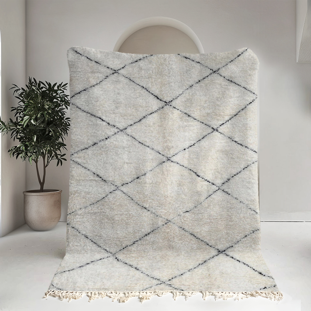 Moroccan custom rug from Beni Ourain, Wool and Thread, White