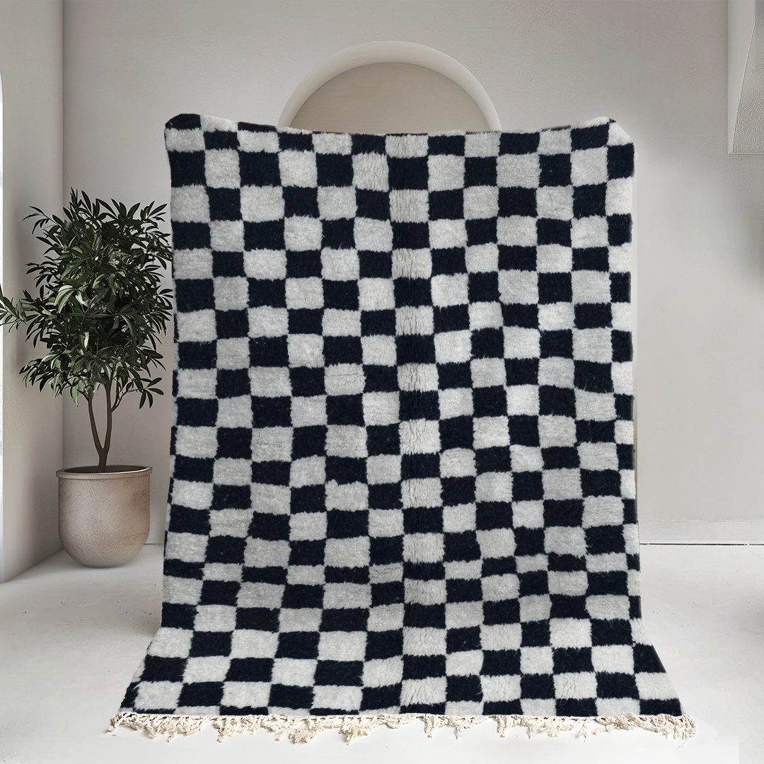 Moroccan custom rug from Beni Ourain, Wool and Thread, black and white