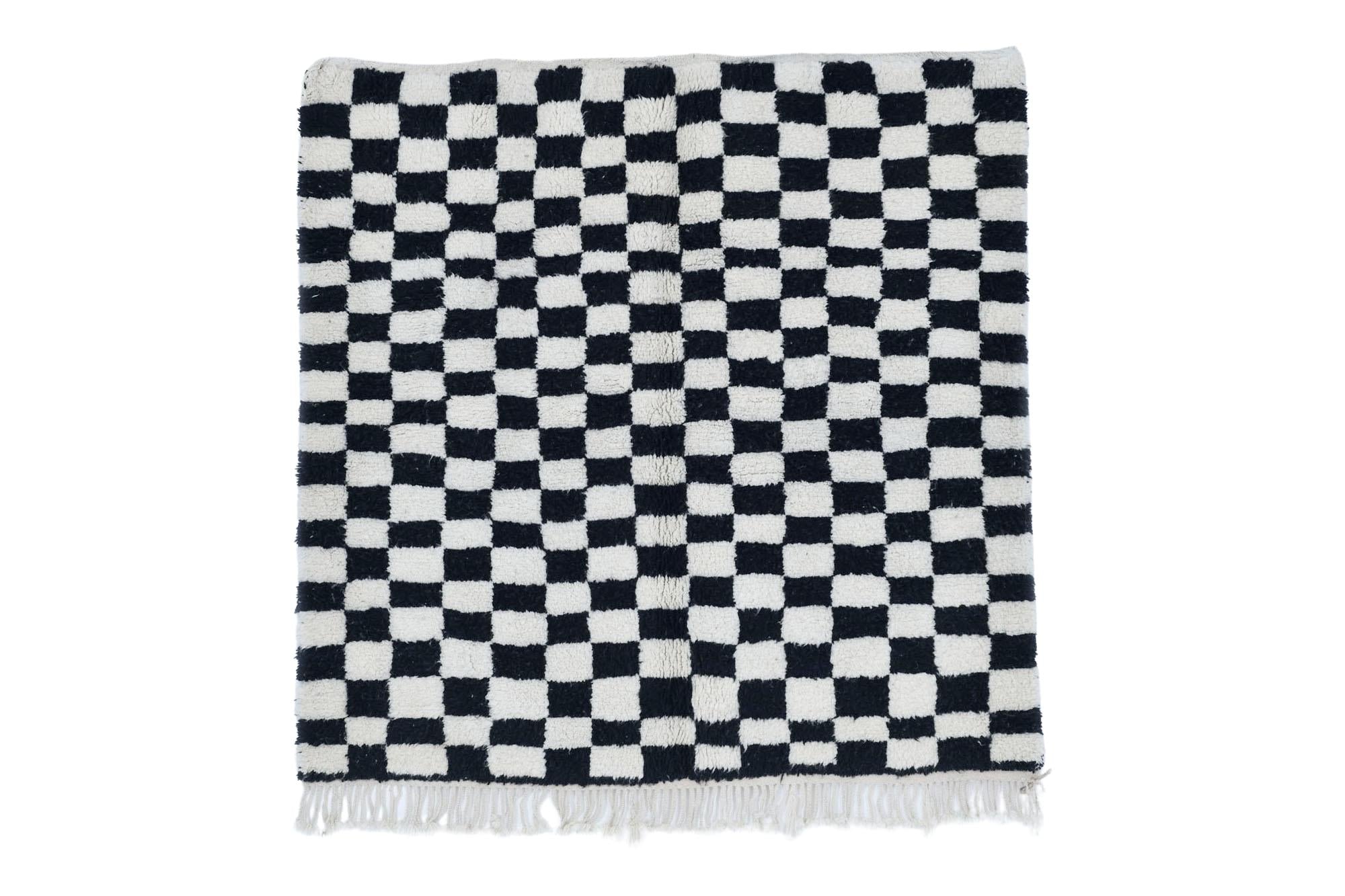 Moroccan custom rug from Beni Ourain, Wool and Thread, black and white