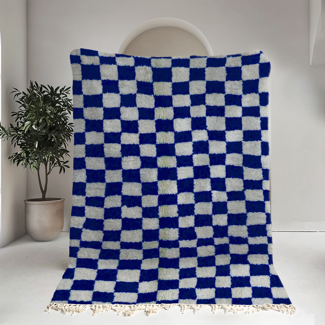 Moroccan custom rug from Beni Ourain, Wool and Thread, Blue