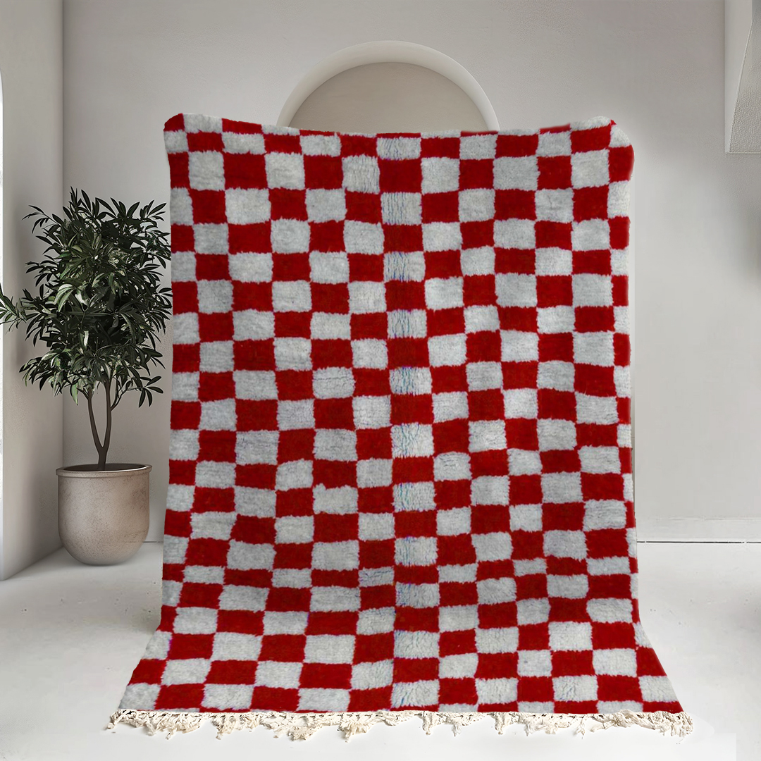 Moroccan custom rug from Beni Ourain, Wool and Thread, Red