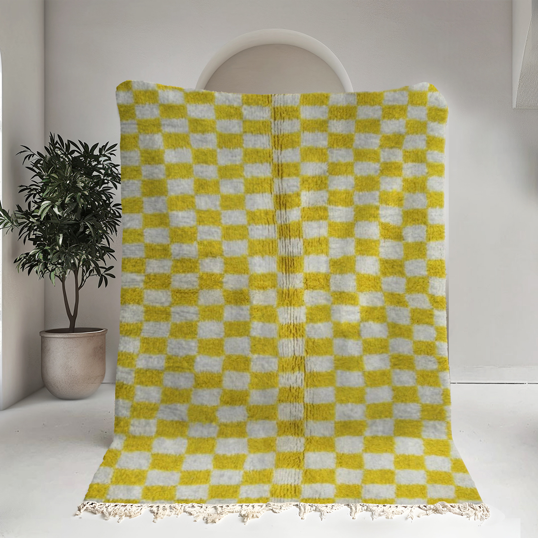 Moroccan custom rug from Beni Ourain, Wool and Thread, Yellow