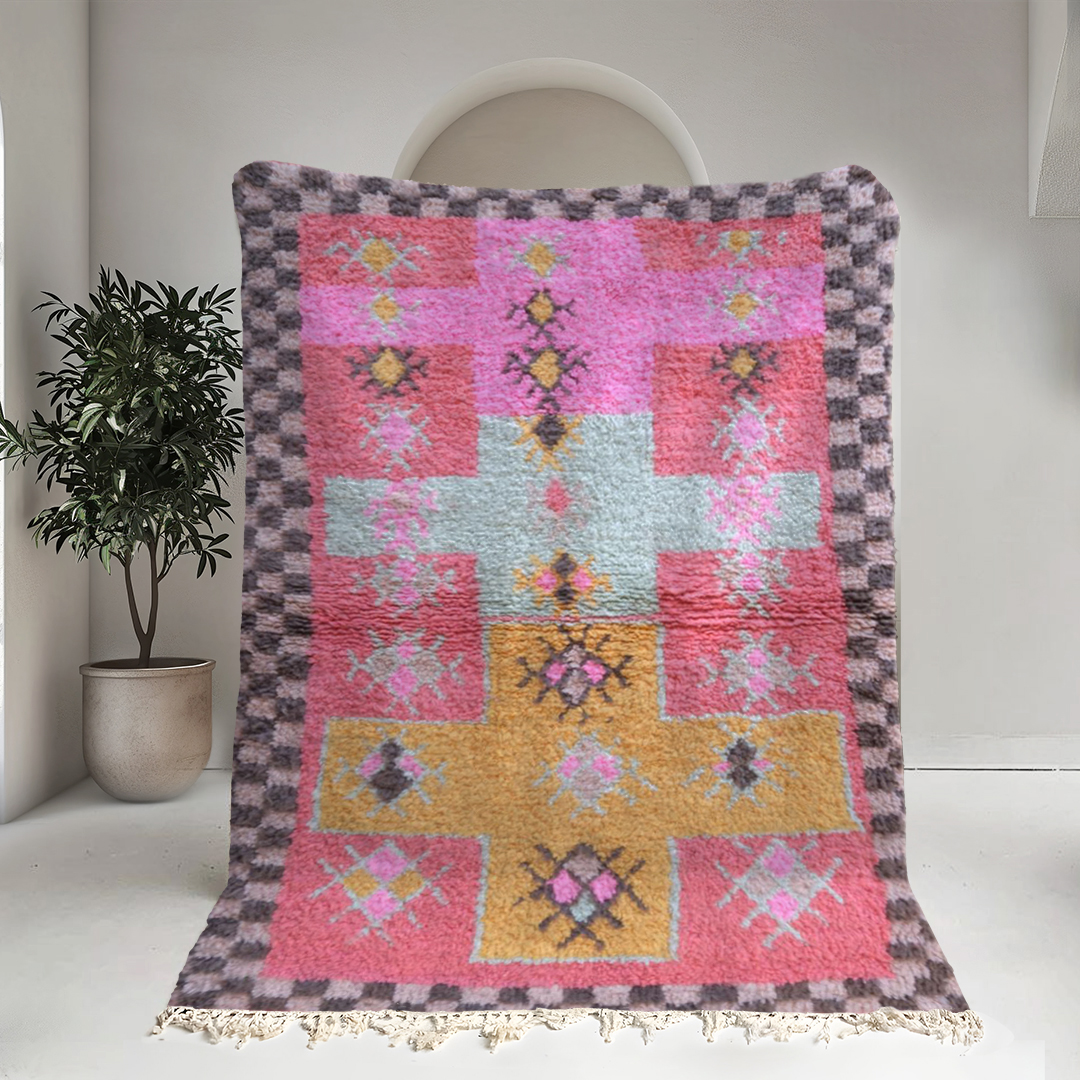 Moroccan custom rug from Beni Ourain, Wool and Thread, Pink