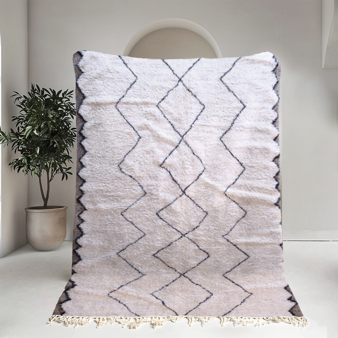 Moroccan custom rug from Beni Ourain, Wool and Thread, black and white
