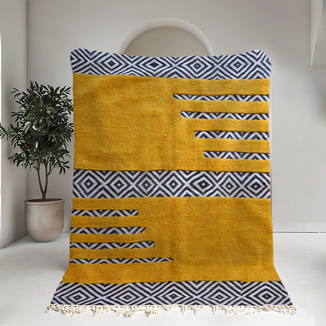 Moroccan custom rug from Beni Ourain, Wool and Thread, Yellow