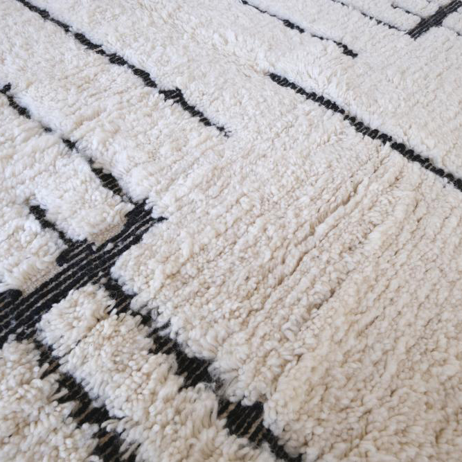 Moroccan custom rug from Beni Ourain, Wool and Thread, black and white