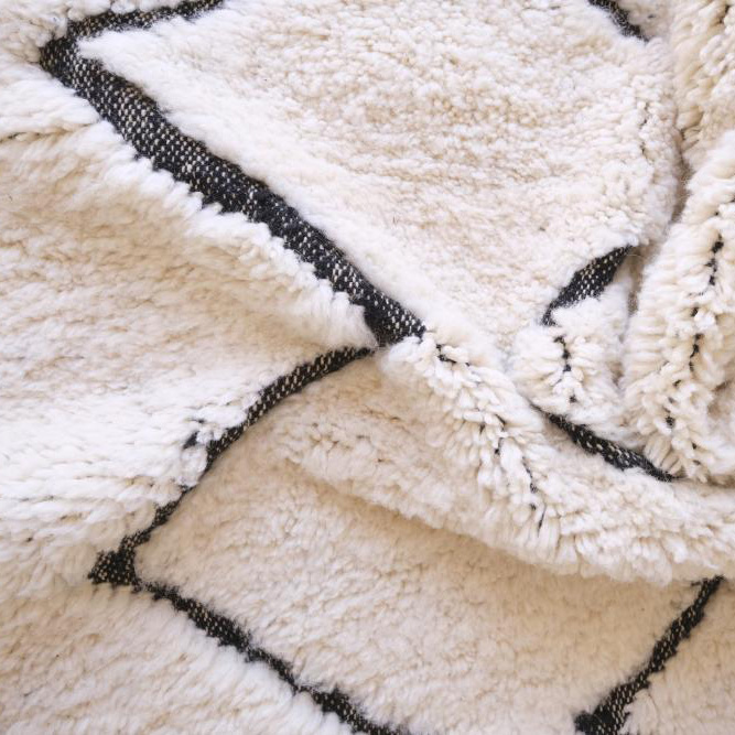 Moroccan custom rug from Beni Ourain, Wool and Thread, black and white