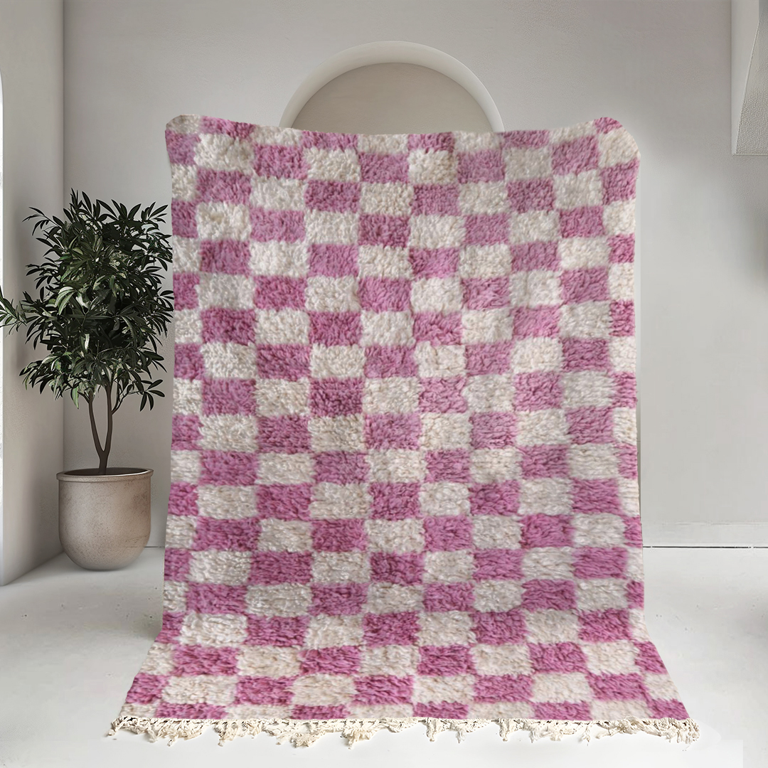 Moroccan custom rug from Beni Ourain, Wool and Thread, Pink