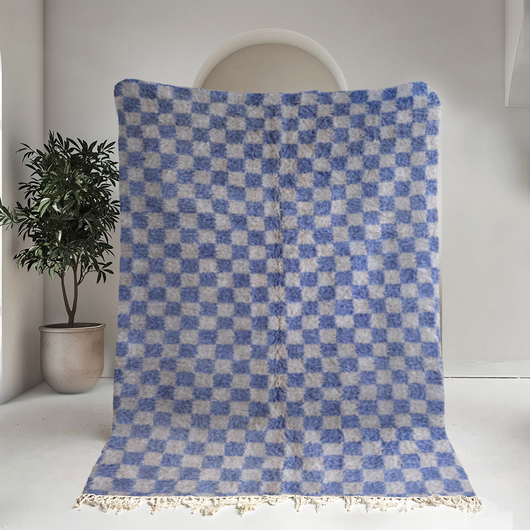 Moroccan custom rug from Beni Ourain, Wool and Thread, Blue