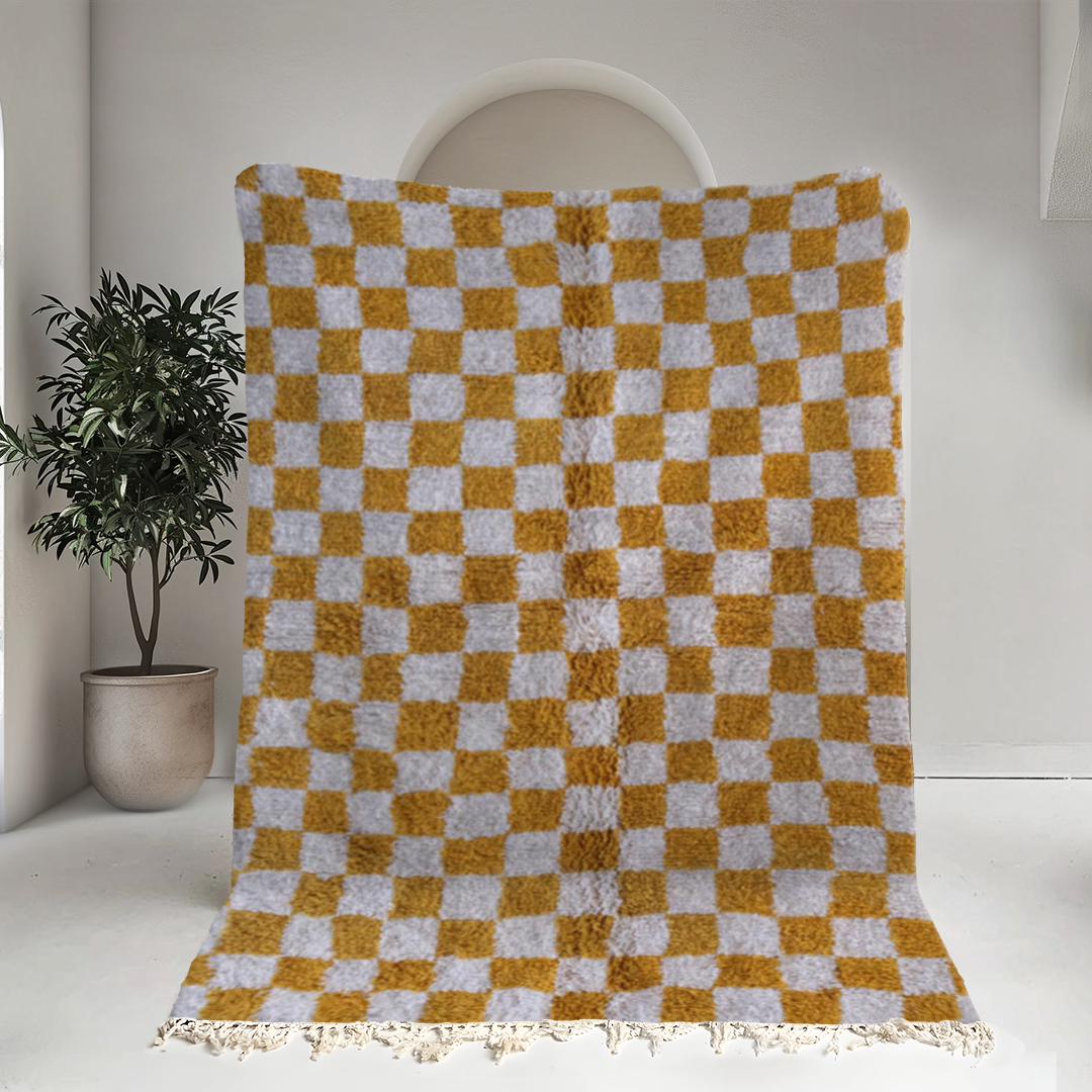 Moroccan custom rug from Beni Ourain, Wool and Thread, Yellow