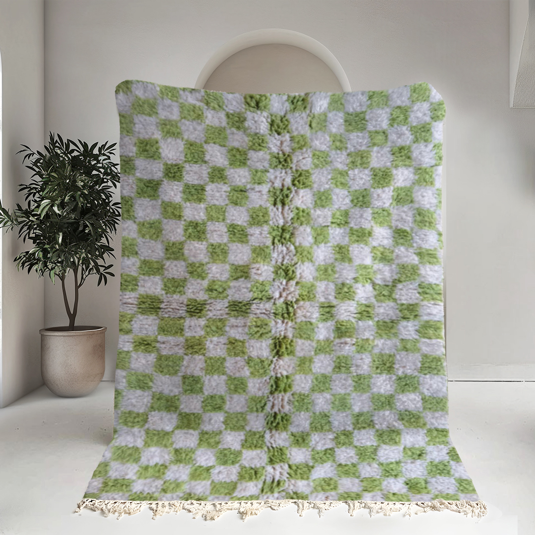 Moroccan custom rug from Beni Ourain, Wool and Thread, Green