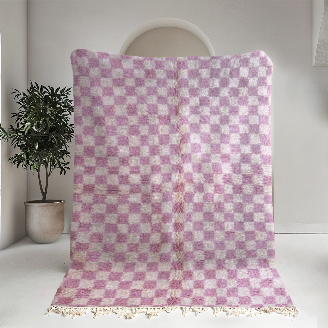 Moroccan custom rug from Beni Ourain, Wool and Thread, Pink