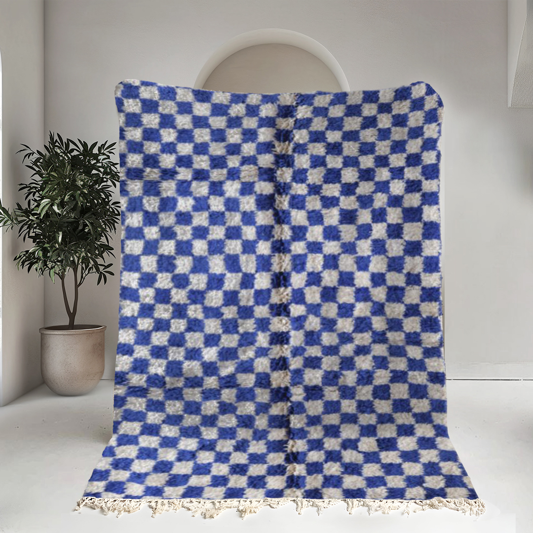 Moroccan custom rug from Beni Ourain, Wool and Thread, Blue