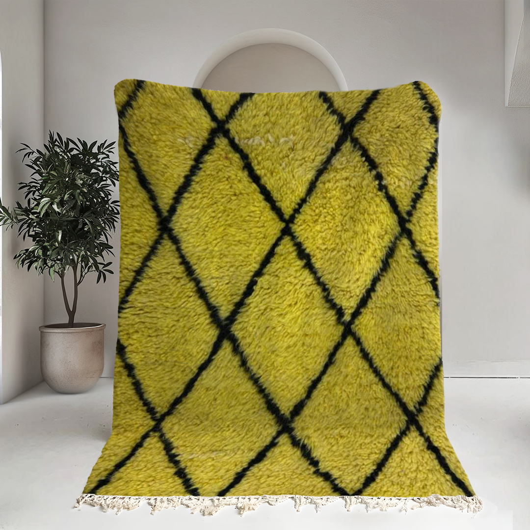 Moroccan custom rug from Beni Ourain, Wool and Thread, Yellow