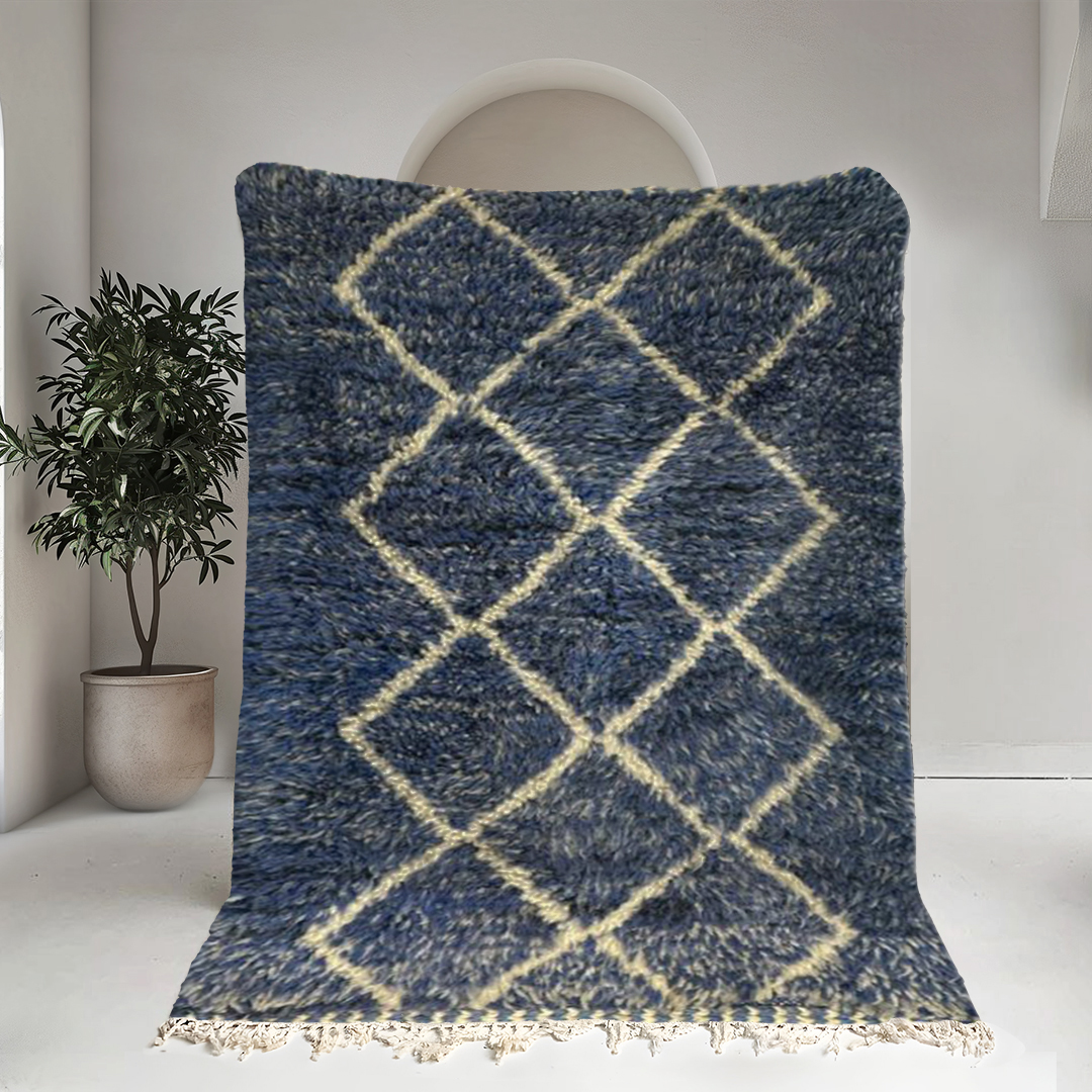 Moroccan custom rug from Beni Ourain, Wool and Thread, Blue