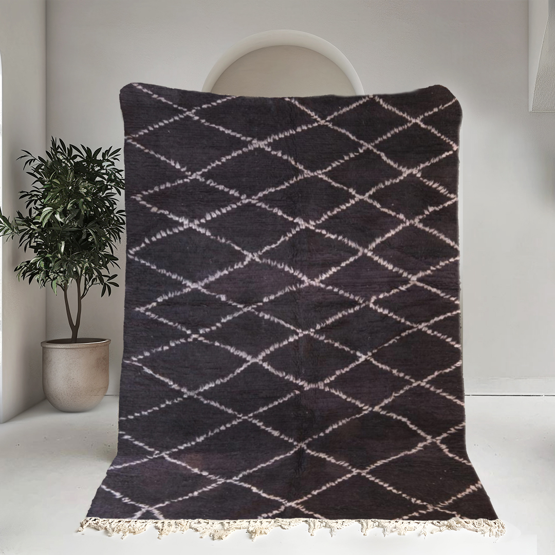 Moroccan custom rug from Beni Ourain, Wool and Thread, Black