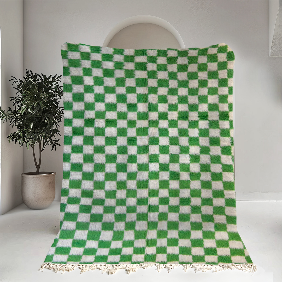 Moroccan custom rug from Beni Ourain, Wool and Thread, Green