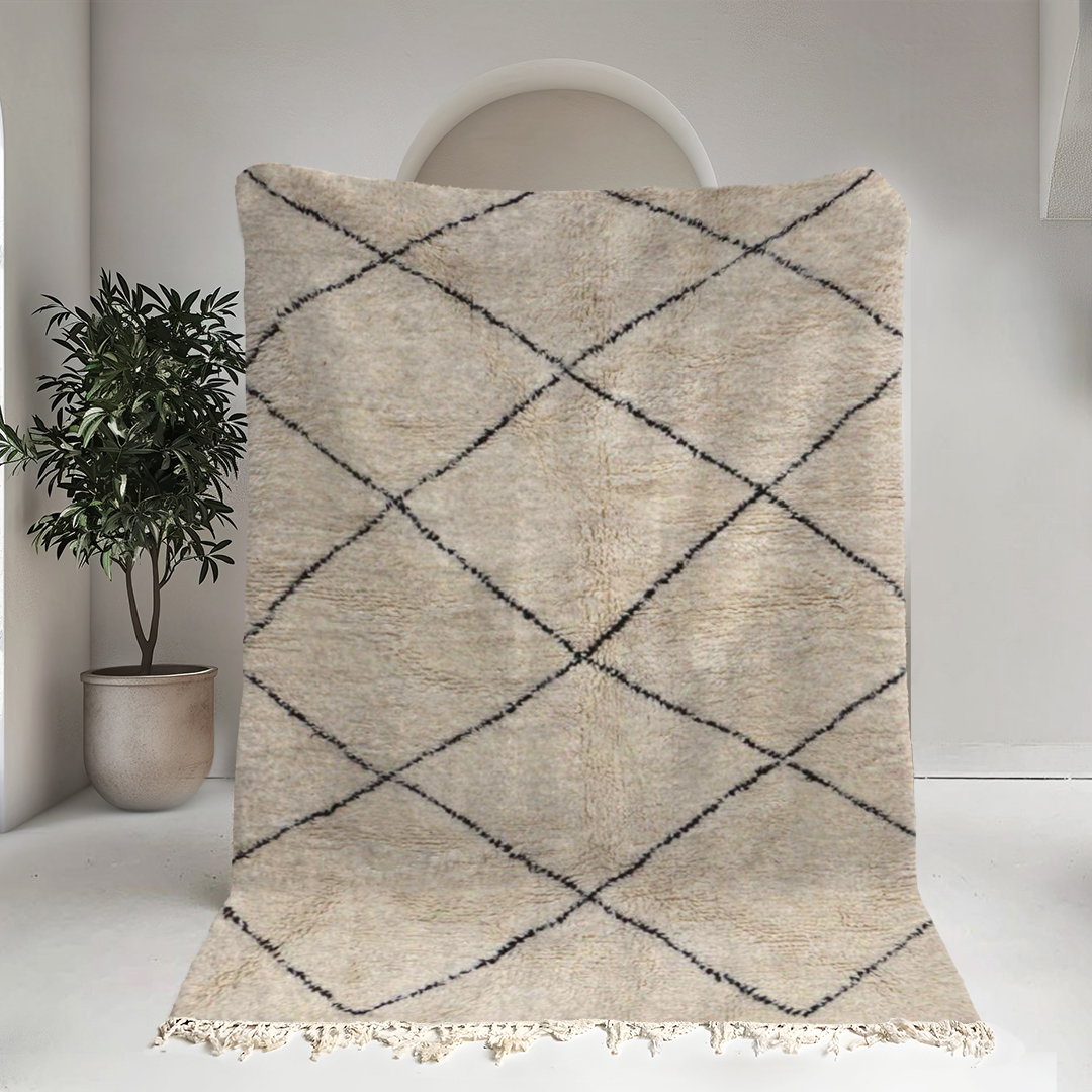 Moroccan custom rug from Beni Ourain, Wool and Thread, black and white