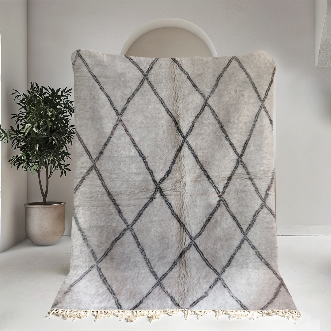 Moroccan custom rug from Beni Ourain, Wool and Thread, black and white