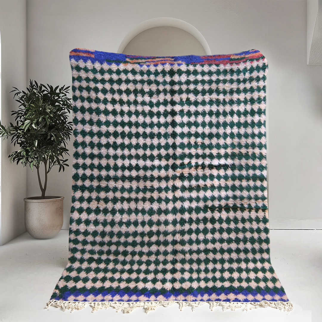 Moroccan custom rug from Beni Ourain, Wool and Thread, Green