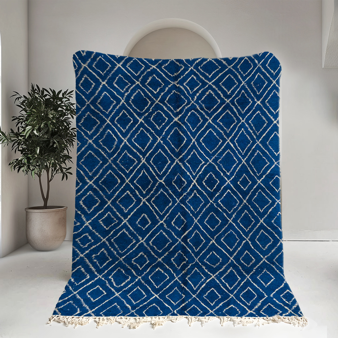 Moroccan custom rug from Beni Ourain, Wool and Thread, Blue