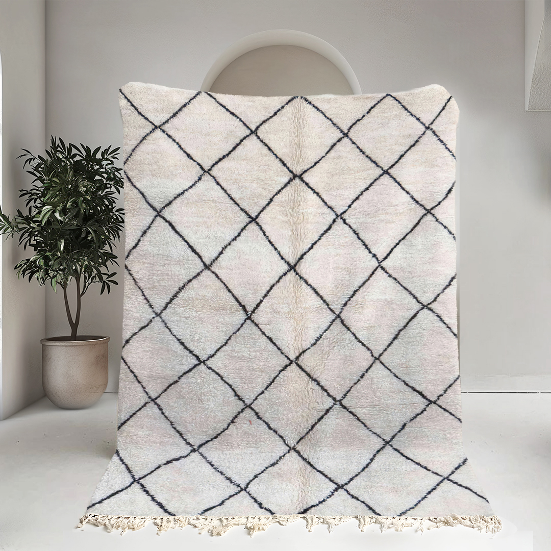 Moroccan custom rug from Beni Ourain, Wool and Thread, White