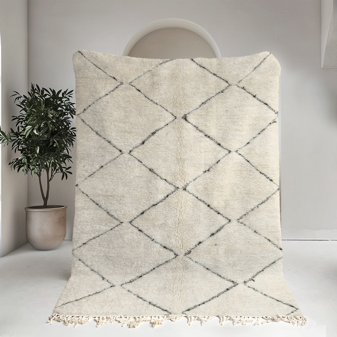 Moroccan custom rug from Beni Ourain, Wool and Thread, White