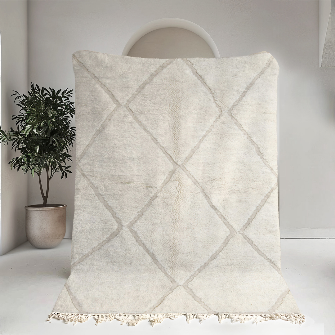 Moroccan custom rug from Beni Ourain, Wool and Thread, White