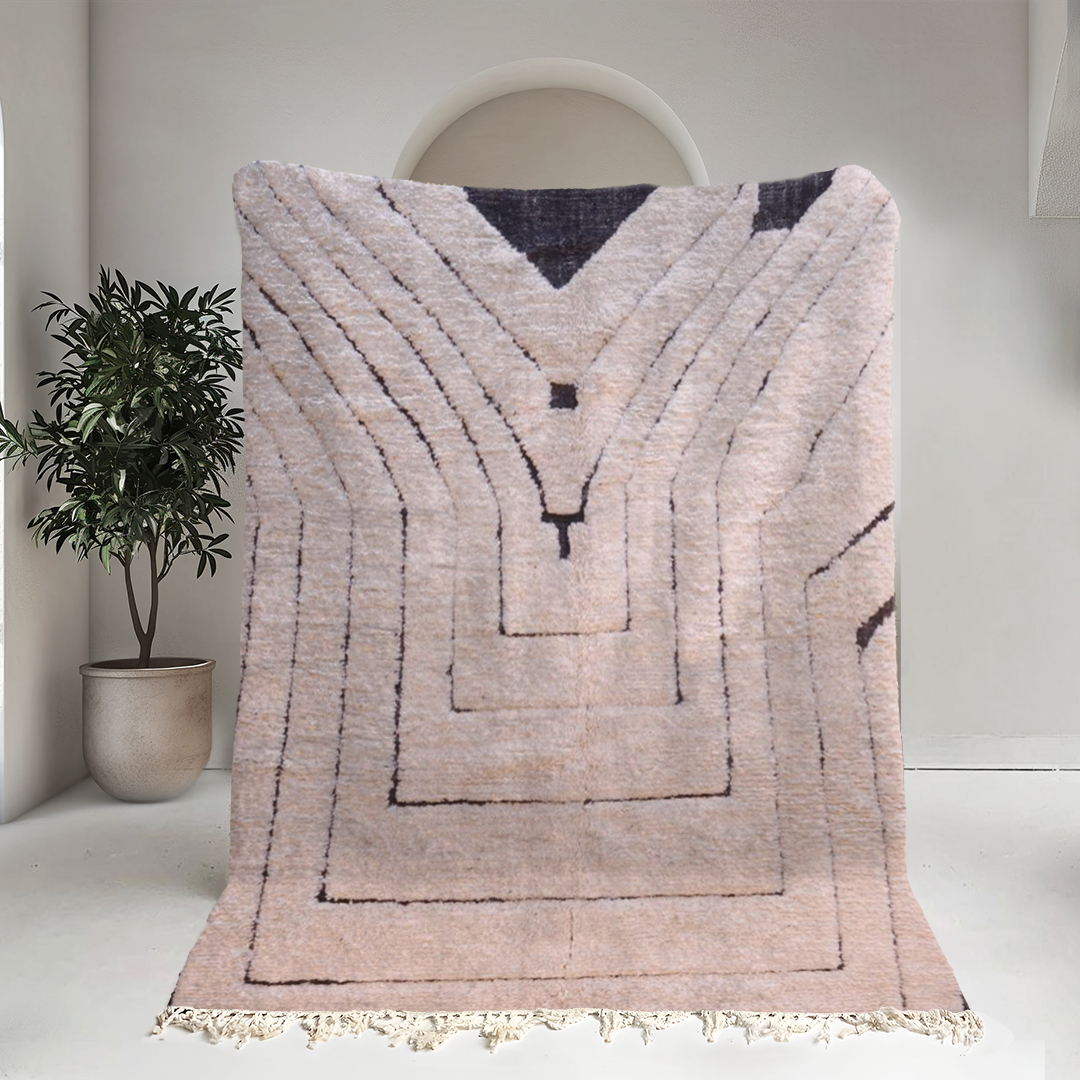Moroccan custom rug from Beni Ourain, Wool and Thread, black and white